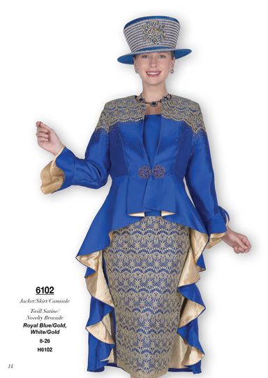 Champagne Italy <br> (Fall/Winter 2025) <br> CH6102 <br> <br> Royal-Blue/Gold  <br>   White/Gold  <br> 8 10 12 14 16 18 20 22 24 26<BR><BR>Jacket/Skirt/Cami<BR>Twill Staine/Novelty Brocade