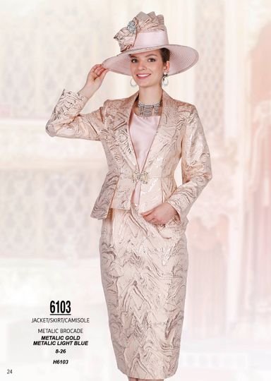 Champagne Italy <br> (Spring/Summer 2026) <br> CH6103 <br> <br> Metallic-Gold  <br>  Metallic-Light-Blue <br> 8 10 12 14 16 18 20 22 24 26<BR><BR>Jacket/Skirt/Camisole<BR>Metallic Brocade
