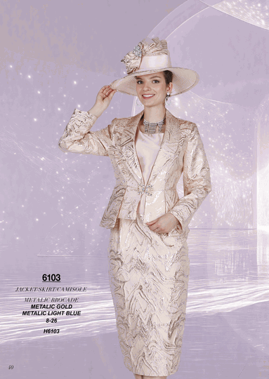 Champagne Italy <br> (Fall/Winter 2026) <br> CH6103 <br> <br> Metallic-Gold  <br>  Metallic-Light-Blue <br> 8 10 12 14 16 18 20 22 24 26<BR><BR>Jacket/Skirt/Camisole<BR>Metalic Brocade