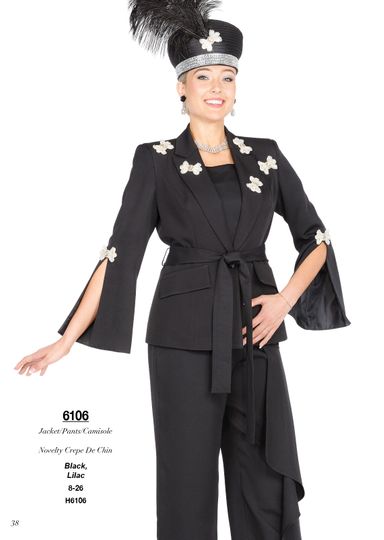 Champagne Italy <br> (Fall/Winter 2025) <br> CH6106 <br> <br> Black  <br>   Lilac  <br> 8 10 12 14 16 18 20 22 24 26<BR><BR>Jacket/Pant/Camisole<BR>Novelty Crepe De Chin