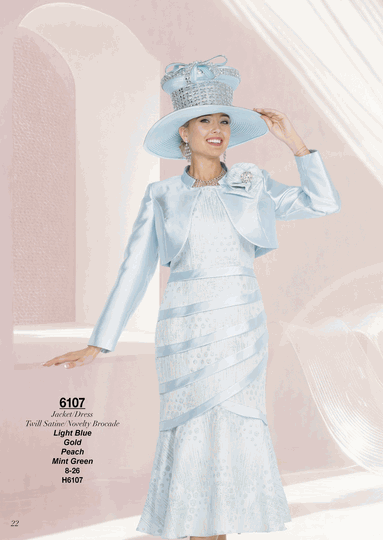 Champagne Italy <br> (Fall/Winter 2026) <br> CH6107 <br> <br> Light-Blue  <br>  Peach  <br>  Mint-Green <br> 8 10 12 14 16 18 20 22 24 26<BR><BR>Jacket/Dress<BR>Twill Satine/Novelty Brocade