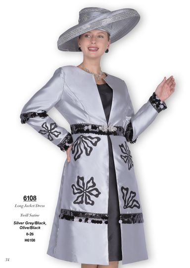 Champagne Italy <br> (Fall/Winter 2025) <br> CH6108 <br> <br> Silver-Grey/Black  <br>   Olive/Black  <br> 8 10 12 14 16 18 20 22 24 26<BR><BR>Long Jacket/Dress<BR>Twill Satine