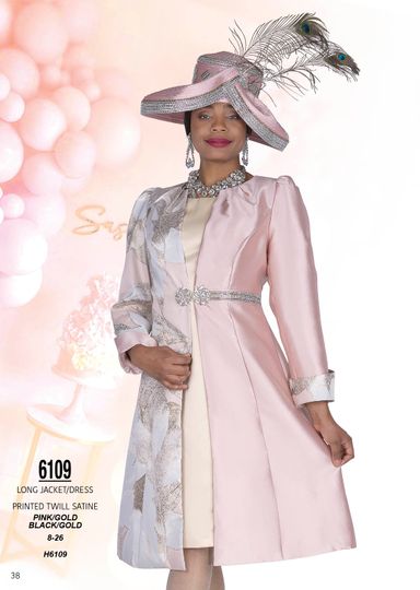Champagne Italy <br> (Spring/Summer 2026) <br> CH6109 <br> <br> Pink/Gold  <br>  Black/Gold <br> 8 10 12 14 16 18 20 22 24 26<BR><BR>Long Jacket/Dress<BR>Printed Twill Satine