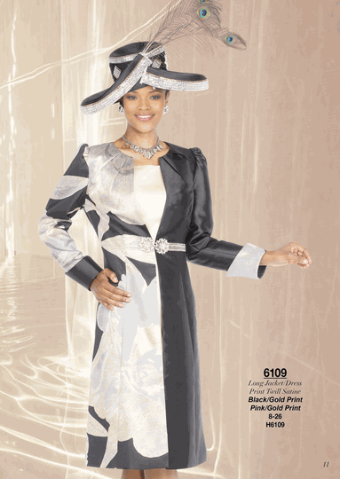 Champagne Italy <br> (Fall/Winter 2026) <br> CH6109 <br> <br> Black/Gold-Print  <br>  Pink/Gold-Print <br> 8 10 12 14 16 18 20 22 24 26<BR><BR>Long Jacket/Dress<BR>Print Twill Satine