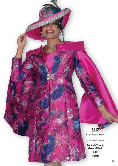 Champagne Italy <br> (Fall/Winter 2025) <br> CH6112 <br> <br> Fuchsia/Black  <br>   Green/Black  <br> 8 10 12 14 16 18 20 22 24 26<BR><BR>Long Jacket/Dress<BR>Print Twill Satine