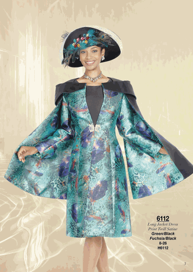 Champagne Italy <br> (Fall/Winter 2026) <br> CH6112 <br> <br> Green/Black  <br>  Fuchsia/Black <br> 8 10 12 14 16 18 20 22 24 26<BR><BR>Long Jacket/Dress<BR>Print Twill Satine