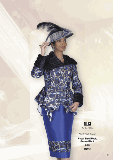 Champagne Italy <br> (Fall/Winter 2026) <br> CH6113 <br> <br> Royal-Blue/Black  <br>  Brown/Black <br> 12 14 16 18 20 22 24 26<BR><BR>Jacket/Skirt<BR>Print Twill Satine