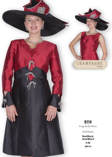 Champagne Italy <br> (Fall/Winter 2025) <br> CH6114 <br> <br> Red/Black  <br>   Gold/Black  <br> 8 10 12 14 16 18 20 22 24 26<BR><BR>Long Jacket/Dress<BR>Twill Satine