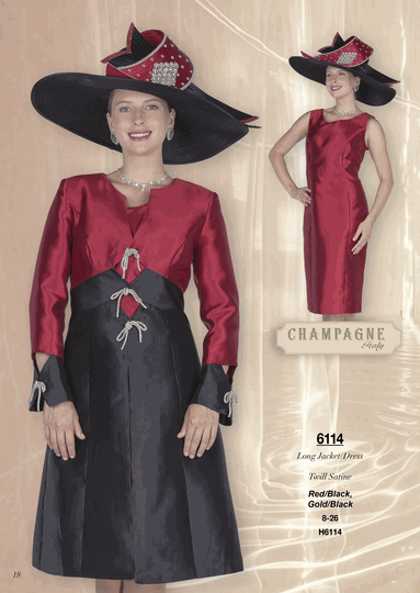 Champagne Italy <br> (Fall/Winter 2026) <br> CH6114 <br> <br> Red/Black  <br>  Gold/Black <br> 8 10 12 14 16 18 20 22 24 26<BR><BR>Long Jacket/Dress<BR>Twill Satine