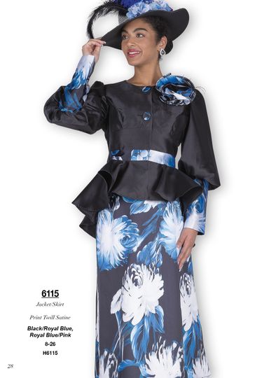 Champagne Italy <br> (Fall/Winter 2025) <br> CH6115 <br> <br> Black/Royal-Blue  <br>   Royal-Blue/Pink  <br> 8 10 12 14 16 18 20 22 24 26<BR><BR>Jacket/Skirt<BR>Print Twill Satine