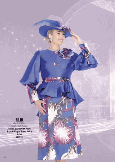 Champagne Italy <br> (Fall/Winter 2026) <br> CH6115 <br> <br> Royal-Blue/Pink-Print  <br>  Black/Royal-Blue-Print <br> 8 10 12 14 16 18 20 22 24 26<BR><BR>Jacket/Skirt<BR>Print Twill Satine