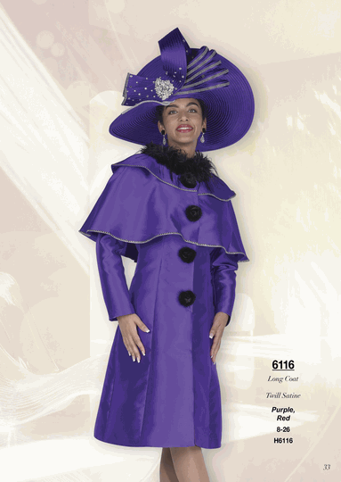 Champagne Italy <br> (Fall/Winter 2026) <br> CH6116 <br> <br> Purple  <br>  Red <br> 8 10 12 14 16 18 20 22 24 26<BR><BR>Long Coat<BR>Twill Satine
