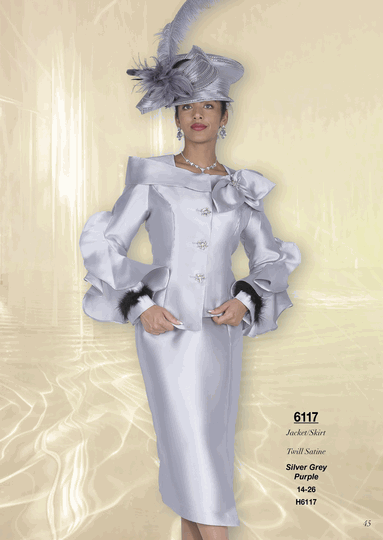Champagne Italy <br> (Fall/Winter 2026) <br> CH6117 <br> <br> Silver-Grey  <br>  Purple <br> 14 16 18 20 22 24 26<BR><BR>Jacket/Skirt<BR>Twill Satine