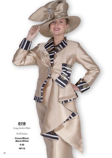 Champagne Italy <br> (Fall/Winter 2025) <br> CH6118 <br> <br> Gold  <br>   Black  <br> 8 10 12 14 16 18 20 22 24 26<BR><BR>Long Jacket/Skirt<BR>Twill Satine