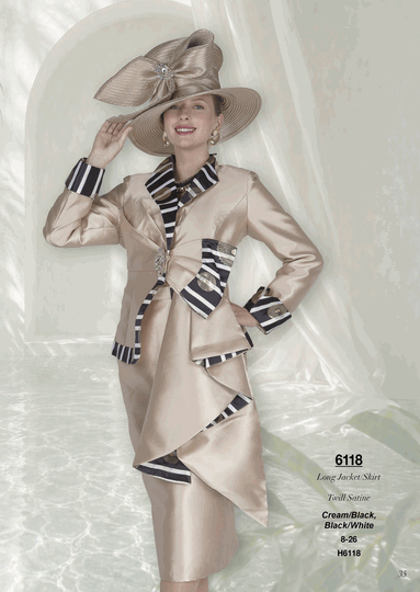 Champagne Italy <br> (Fall/Winter 2026) <br> CH6118 <br> <br> Cream/Black  <br>  Black/White <br> 8 10 12 14 16 18 20 22 24 26<BR><BR>Long Jacket/Skirt<BR>Twill Satine
