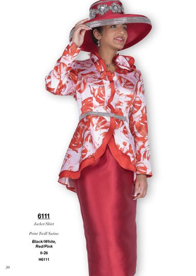 Champagne Italy <br> (Fall/Winter 2025) <br> CH6111-Re <br> <br> Red/Pink  <br> 8 10 12 14 16 18 20 22 24 26<BR><BR>Jacket/Skirt<BR>Print Twill Satine