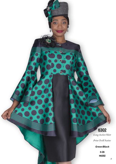 Champagne Italy <br> (Fall/Winter 2025) <br> CH6302 <br> <br> Green/Black  <br> 8 10 12 14 16 18 20 22 24 26<BR><BR>Long Jacket/Skirt<BR>Print Twill Satine
