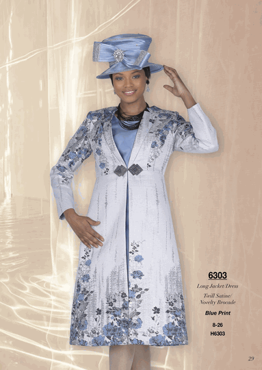 Champagne Italy <br> (Fall/Winter 2026) <br> CH6303 <br> <br> Blue-Print <br> 8 10 12 14 16 18 20 22 24 26<BR><BR>Long Jacket/Dress<BR>Twill Satine/Novelty Brocade