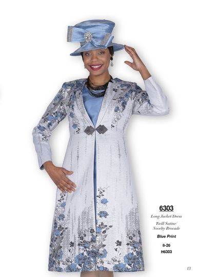 Champagne Italy <br> (Fall/Winter 2025) <br> CH6303 <br> <br> Blue-Print  <br> 8 10 12 14 16 18 20 22 24 26<BR><BR>Long Jacket/Dress<BR>Twill Satine/Novelty Brocade