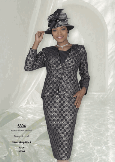 Champagne Italy <br> (Fall/Winter 2026) <br> CH6304 <br> <br> Silver-Grey/Black <br> 12 14 16 18 20 22 24 26<BR><BR>Jacket/Skirt/Camisole<BR>Novelty Brocade