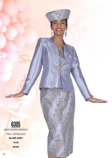 Champagne Italy <br> (Spring/Summer 2026) <br> CH6305 <br> <br> Silver-Gray <br> 10 12 14 16 18 20 22 24 26<BR><BR>Jacket/Skirt/Camisole<BR>Twill Satine/Lace