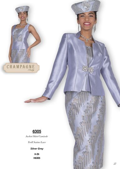 Champagne Italy <br> (Fall/Winter 2025) <br> CH6305 <br> <br> Silver-Grey  <br> 8 10 12 14 16 18 20 22 24 26<BR><BR>Jacket/Skirt/Cami<BR>Twill Satin/Lace