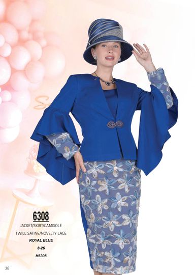 Champagne Italy <br> (Spring/Summer 2026) <br> CH6308 <br> <br> Royal-Blue <br> 8 10 12 14 16 18 20 22 24 26<BR><BR>Jacket/Skirt/Camisole<BR>Twill Satine/Novelty Lace