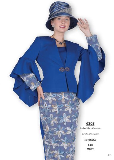 Champagne Italy <br> (Fall/Winter 2025) <br> CH6308 <br> <br> Royal-Blue  <br> 8 10 12 14 16 18 20 22 24 26<BR><BR>Jacket/Skirt/Cami<BR>Twill Satine/Lace