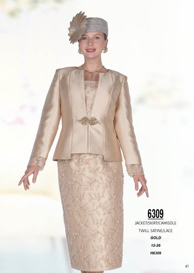 Champagne Italy <br> (Spring/Summer 2026) <br> CH6309 <br> <br> Gold <br> 12 14 16 18 20 22 24 26<BR><BR>Jacket/Skirt/Camisole<BR>Twill Satine/Lace