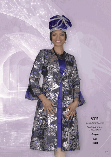 Champagne Italy <br> (Fall/Winter 2026) <br> CH6311 <br> <br> Purple <br> 8 10 12 14 16 18 20 22 24 26<BR><BR>Long Jacket/Dress<BR>Printed Brocade/Twill Satine