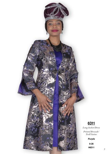 Champagne Italy <br> (Fall/Winter 2025) <br> CH6311 <br> <br> Purple  <br> 8 10 12 14 16 18 20 22 24 26<BR><BR>Long Jacket/Dress<BR>Printed Brocade/Twill Satin