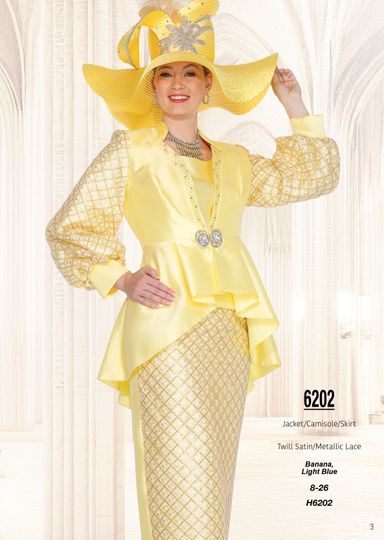 Champagne Italy <br> (Spring/Summer 2025) <br> CH6202 <br> <br> Banana  <br>  Light-Blue <br> 8 10 12 14 16 18 20 22 24 26<BR><BR>Jacket/Camisole/Skirt<BR>Twill Satin/Metallic Lace