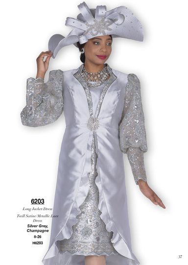 Champagne Italy <br> (Fall/Winter 2025) <br> CH6203 <br> <br> Silver-Grey  <br>   Champagne  <br> 8 10 12 14 16 18 20 22 24 26<BR><BR>Long Jacket/Dress<BR>Twill Satine/Metallic Lace