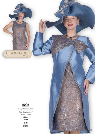 Champagne Italy <br> (Fall/Winter 2025) <br> CH6206 <br> <br> Blue  <br>   Pink  <br> 8 10 12 14 16 18 20 22 24 26<BR><BR>Long Jacket Dress<BR>Novelty Brocade/Twill Satine
