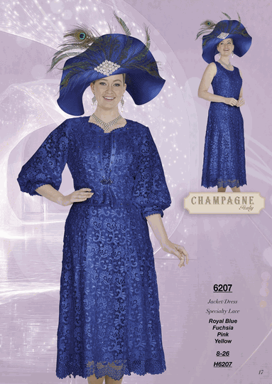 Champagne Italy <br> (Fall/Winter 2026) <br> CH6207 <br> <br> Royal-Blue  <br>  Fuchsia  <br>  Pink  <br>  Yellow <br> 8 10 12 14 16 18 20 22 24 26<BR><BR>Jacket/Dress<BR>Specialty Lace