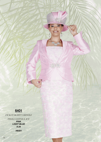 Champagne Italy <br> (Fall/Winter 2026) <br> CH6401 <br> <br> Pink  <br>  Light-Blue <br> 8 10 12 14 16 18 20 22 24 26<BR><BR>Jacket/Skirt/Camisole<BR>Twill Satine/Lace