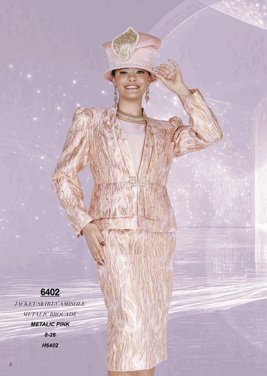 Champagne Italy <br> (Fall/Winter 2026) <br> CH6402 <br> <br> Metallic-Pink <br> 8 10 12 14 16 18 20 22 24 26<BR><BR>Jacket/Skirt/Camisole<BR>Metalic Brocade