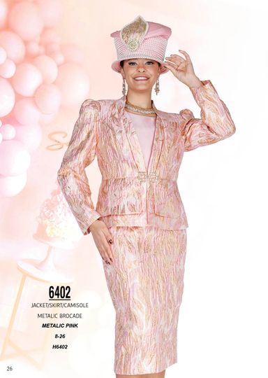 Champagne Italy <br> (Spring/Summer 2026) <br> CH6402 <br> <br> Metallic-Pink <br> 8 10 12 14 16 18 20 22 24 26<BR><BR>Jacket/Skirt/Camisole<BR>Metallic Brocade