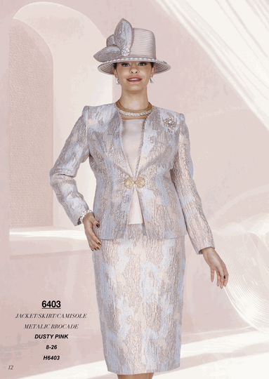 Champagne Italy <br> (Fall/Winter 2026) <br> CH6403 <br> <br> Dusty-Pink <br> 8 10 12 14 16 18 20 22 24 26<BR><BR>Jacket/Skirt/Camisole<BR>Metalic Brocade