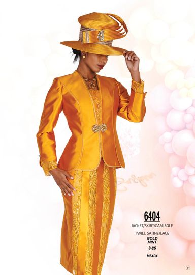 Champagne Italy <br> (Spring/Summer 2026) <br> CH6404 <br> <br> Gold  <br>  Mint <br> 8 10 12 14 16 18 20 22 24 26<BR><BR>Jacket/Skirt/Camisole<BR>Twill Satine/Lace