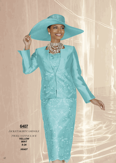 Champagne Italy <br> (Fall/Winter 2026) <br> CH6407 <br> <br> Yellow  <br>  Mint <br> 8 10 12 14 16 18 20 22 24 26<BR><BR>Jacket/Skirt/Camisole<BR>Twill Satine/Lace