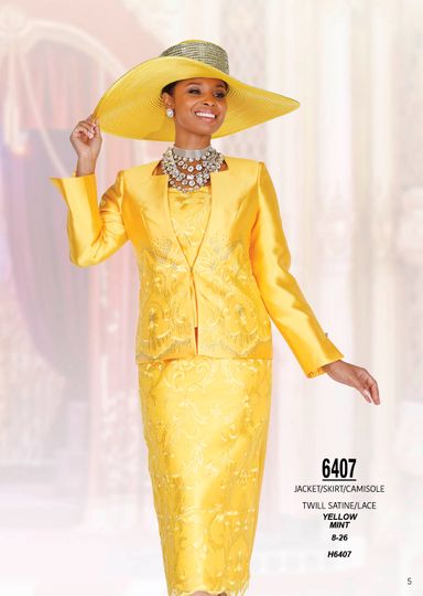 Champagne Italy <br> (Spring/Summer 2026) <br> CH6407 <br> <br> Yellow  <br>  Mint <br> 8 10 12 14 16 18 20 22 24 26<BR><BR>Jacket/Skirt/Camisole<BR>Twill Satine/Lace
