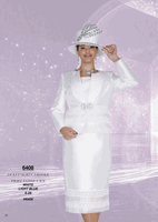 Champagne Italy <br> (Fall/Winter 2026) <br> CH6408 <br> <br> White  <br>  Light-Blue <br> 8 10 12 14 16 18 20 22 24 26<BR><BR>Jacket/Skirt/Camisole<BR>Twill Satine/Lace