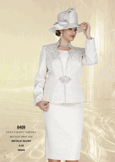 Champagne Italy <br> (Fall/Winter 2026) <br> CH6409 <br> <br> Metallic-Silver <br> 8 10 12 14 16 18 20 22 24 26<BR><BR>Jacket/Skirt/Camisole<BR>Metalic Brocade