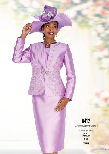 Champagne Italy <br> (Spring/Summer 2026) <br> CH6412 <br> <br> Lilac  <br>  Peach <br> 8 10 12 14 16 18 20 22 24 26<BR><BR>Jacket/Skirt/Camisole<BR>Twill Satine