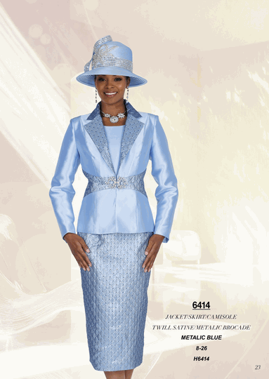 Champagne Italy <br> (Fall/Winter 2026) <br> CH6414 <br> <br> Metallic-Blue <br> 8 10 12 14 16 18 20 22 24 26<BR><BR>Jacket/Skirt/Camisole<BR>Twill Satine/Metalic Brocade