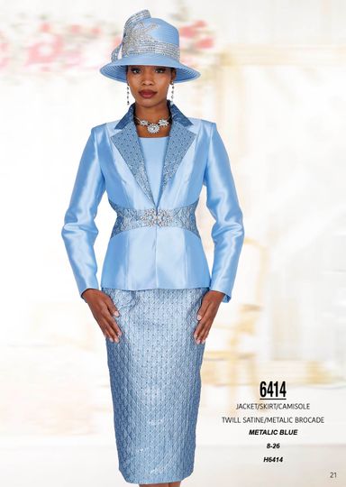 Champagne Italy <br> (Spring/Summer 2026) <br> CH6414 <br> <br> Metallic-Blue <br> 8 10 12 14 16 18 20 22 24 26<BR><BR>Jacket/Skirt/Camisole<BR>Twill Satine/Metallic Brocade