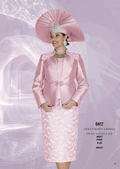 Champagne Italy <br> (Fall/Winter 2026) <br> CH6417 <br> <br> Mint  <br>  Pink <br> 8 10 12 14 16 18 20 22 24 26<BR><BR>Jacket/Skirt/Camisole<BR>Twill Satine/Lace