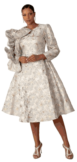 Chancele <br> (2024) <br> c9724 <br> <br> Champagne/Gold <br>  8 10 12 14 16 18 20<BR><BR>Brocade Fabric Dress w/Right Sleeve Ruff