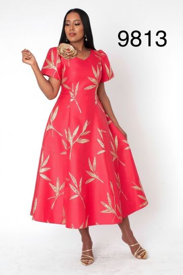Chancele <br> (2026) <br> c9813 <br> <br> Raspberry <br> 8 10 12 14 16 18 20 <BR><BR>Golden Leaf Fit & Flare Midi Dress
